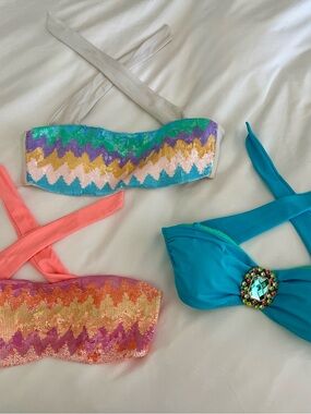 Victoria's Secret Multicolor Sequin Bandeau & Turquoise Embellished Bikini Tops